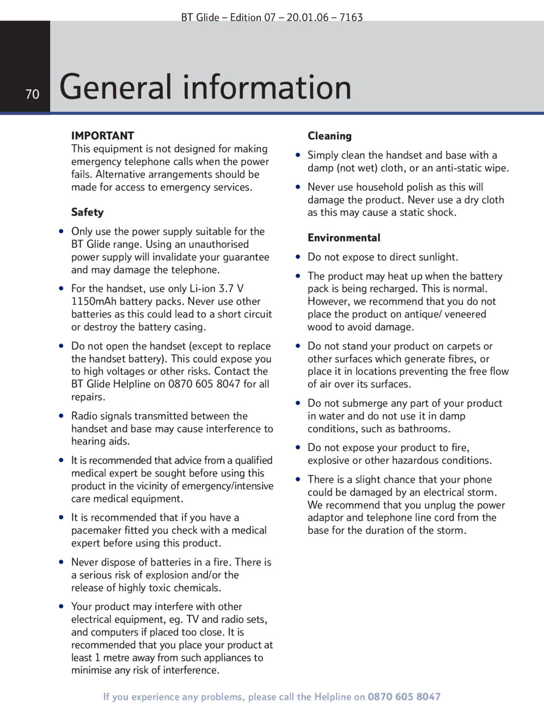 BT 7163 manual General information, Safety 