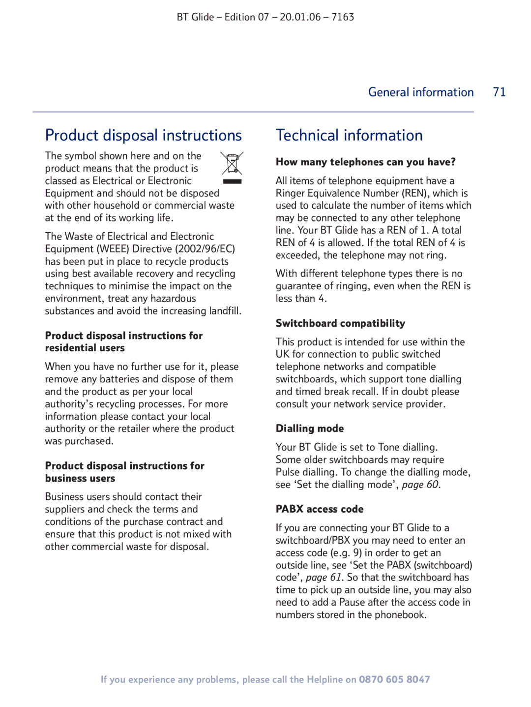 BT 7163 manual Product disposal instructions, General information 