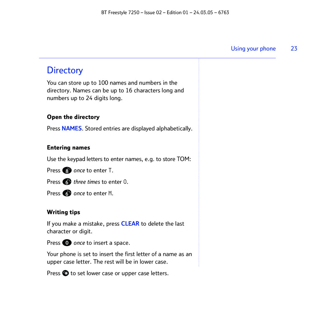 BT 7250 manual Directory, Press to set lower case or upper case letters 