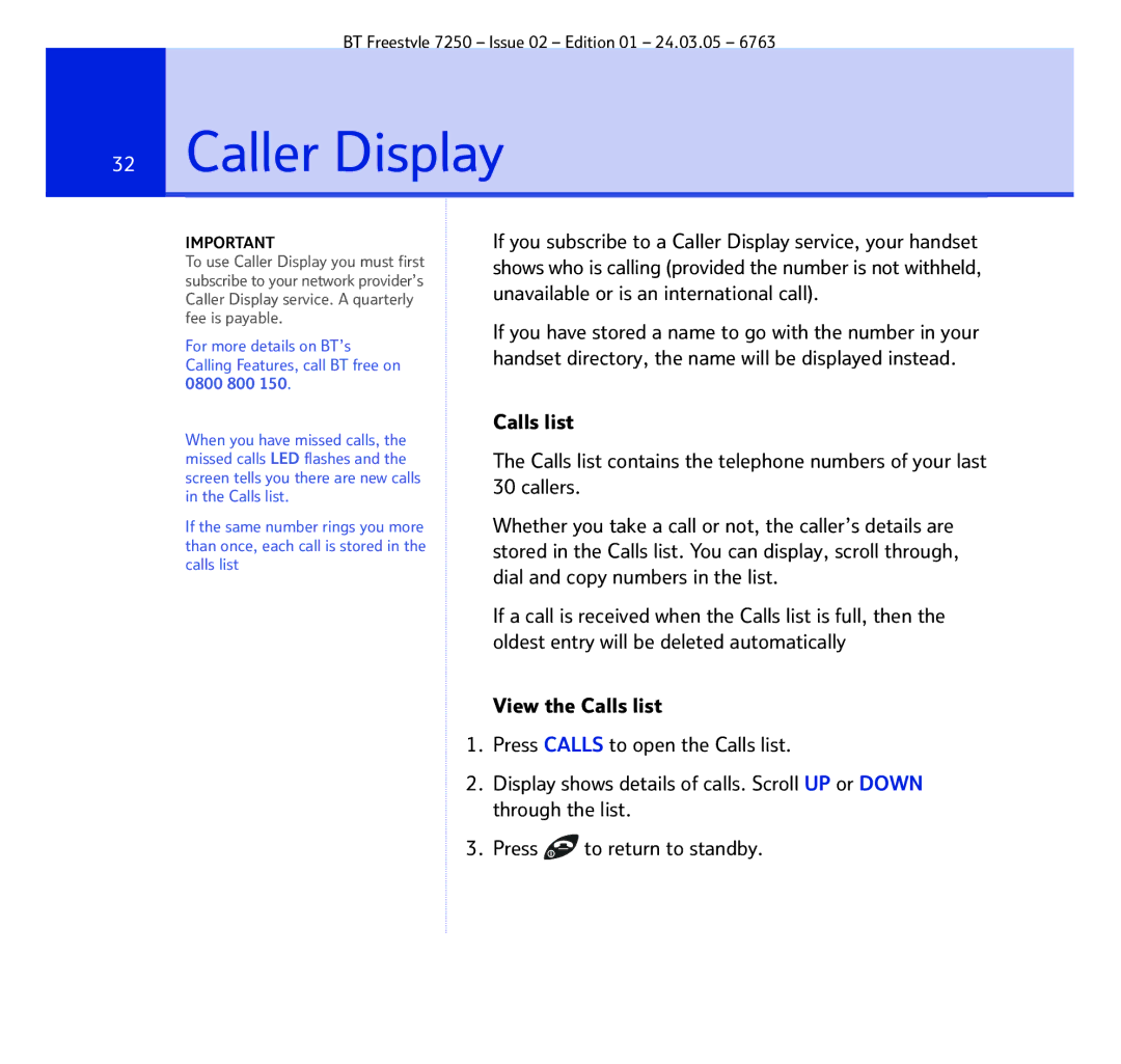 BT 7250 manual Caller Display 