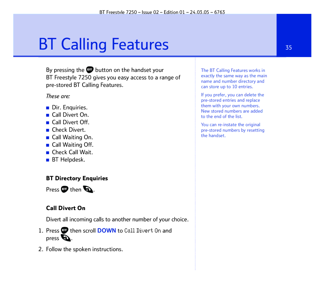 BT 7250 manual BT Calling Features 