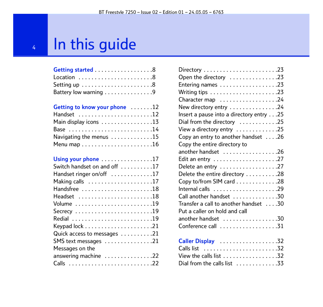 BT 7250 manual This guide, Answering machine . . . . . . . . . . . . . . .22 Calls 