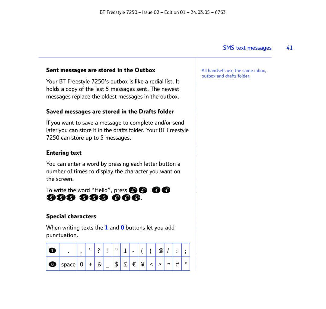 BT 7250 manual Sent messages are stored in the Outbox 