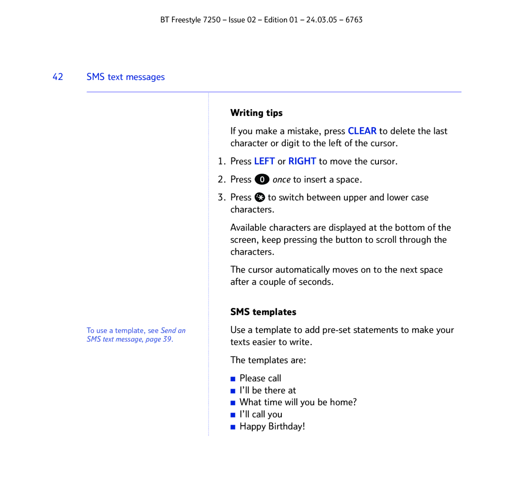 BT 7250 manual Writing tips, Press Left or Right to move the cursor 