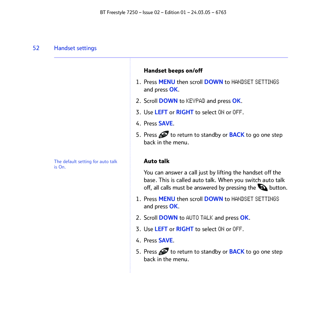 BT 7250 manual Handset settings, Handset beeps on/off 