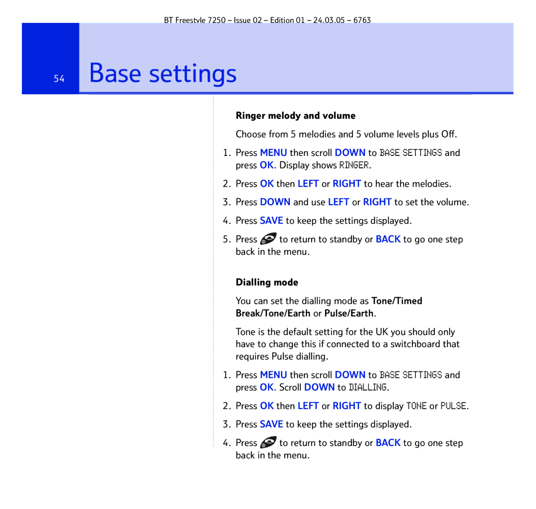 BT 7250 manual Base settings 