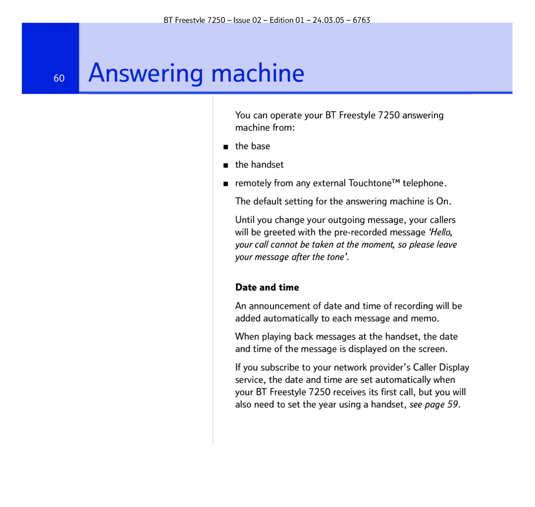 BT 7250 manual Answering machine, Date and time 