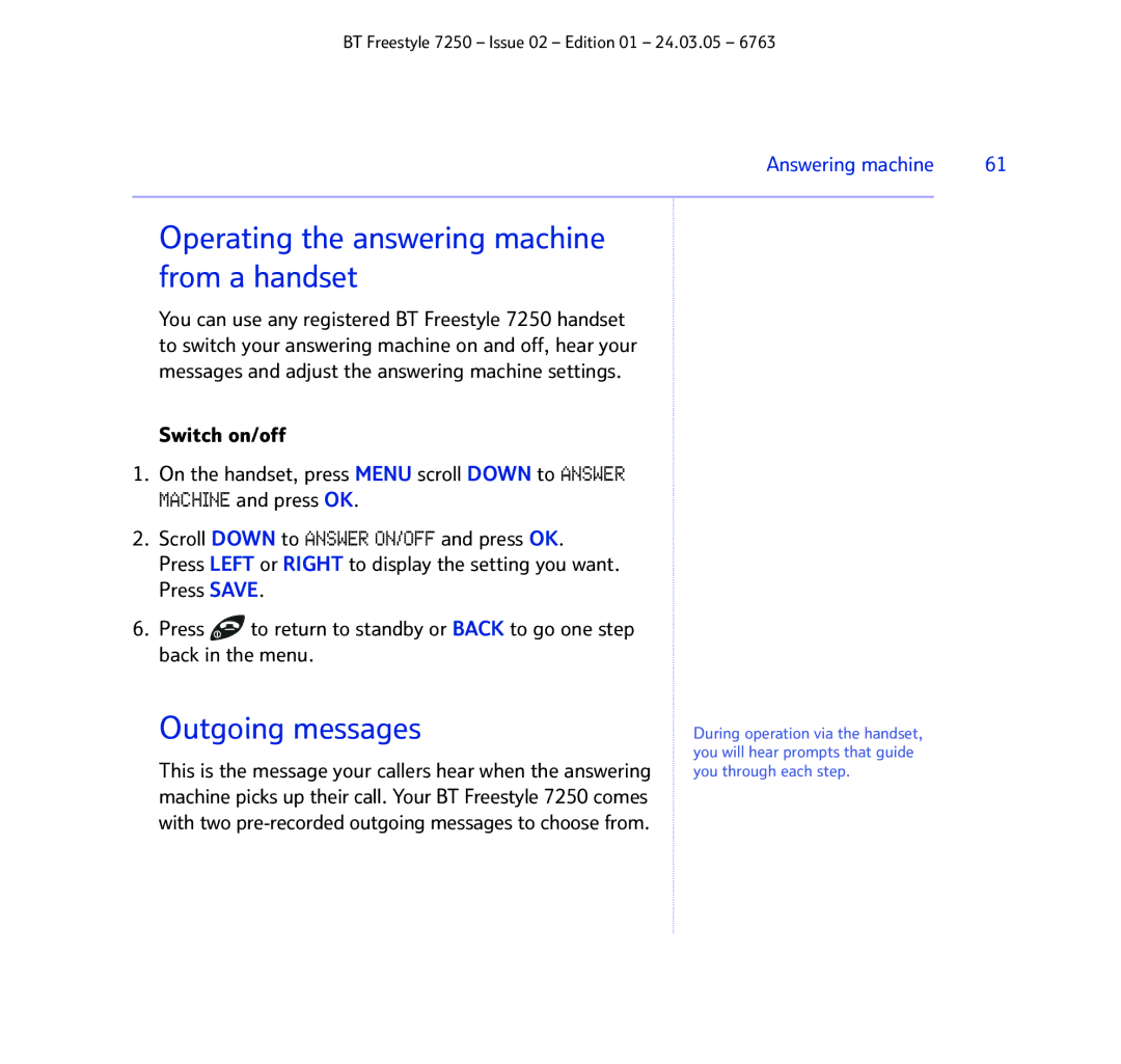 BT 7250 manual Operating the answering machine from a handset, Outgoing messages 