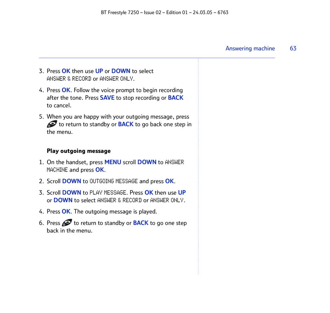 BT 7250 manual Answer & Record or Answer only, Press OK then use UP or Down to select 