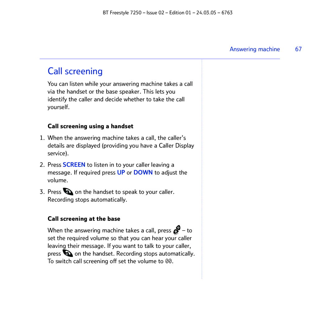 BT 7250 manual Call screening 