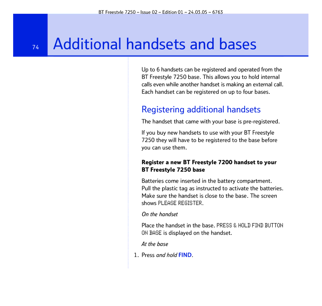 BT 7250 manual Additional handsets and bases, Registering additional handsets 