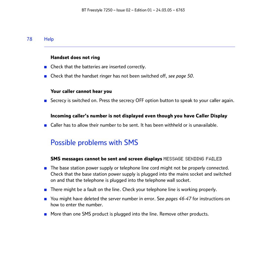 BT 7250 manual Possible problems with SMS, Help 