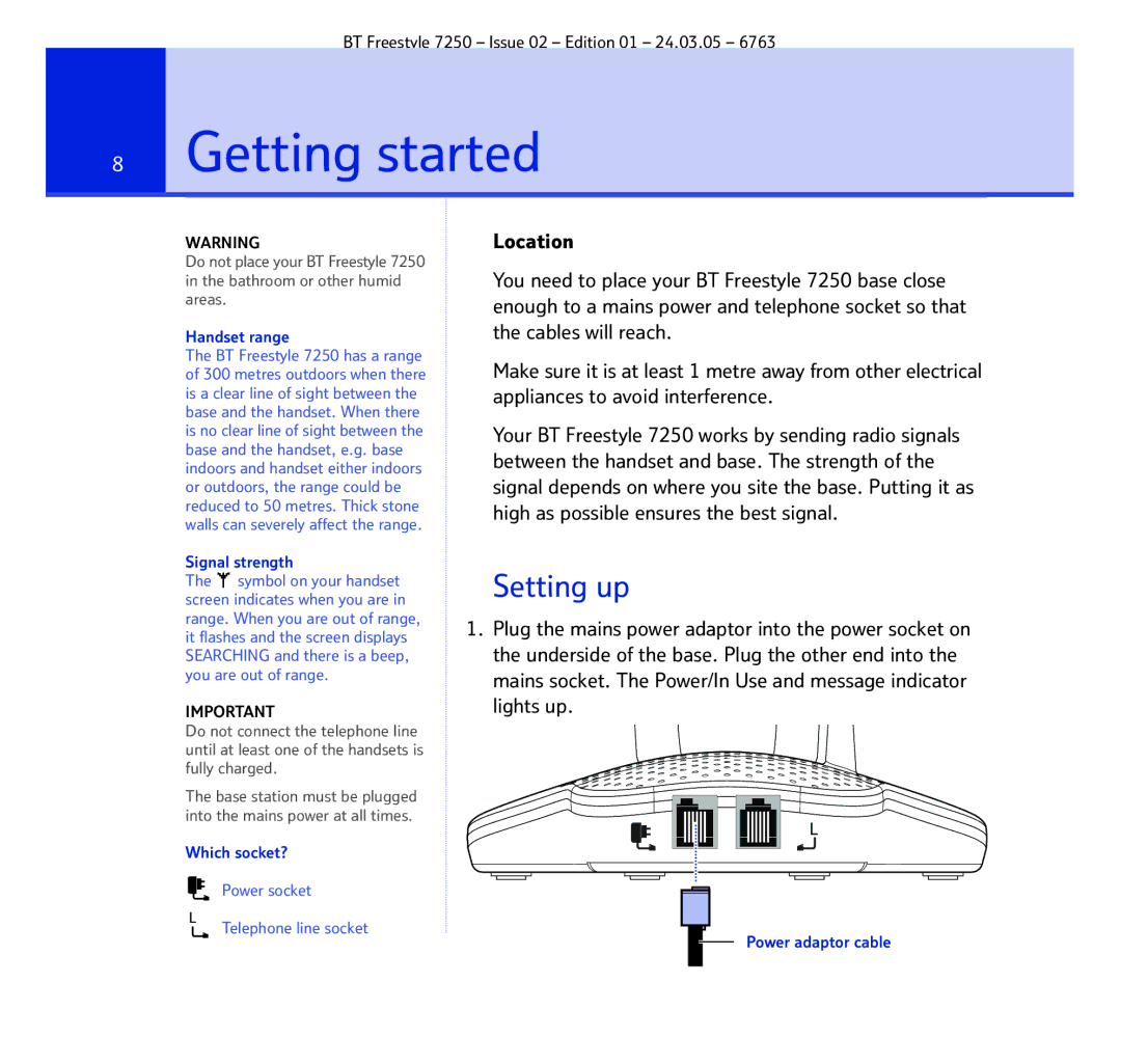 BT 7250 manual Getting started, Setting up 