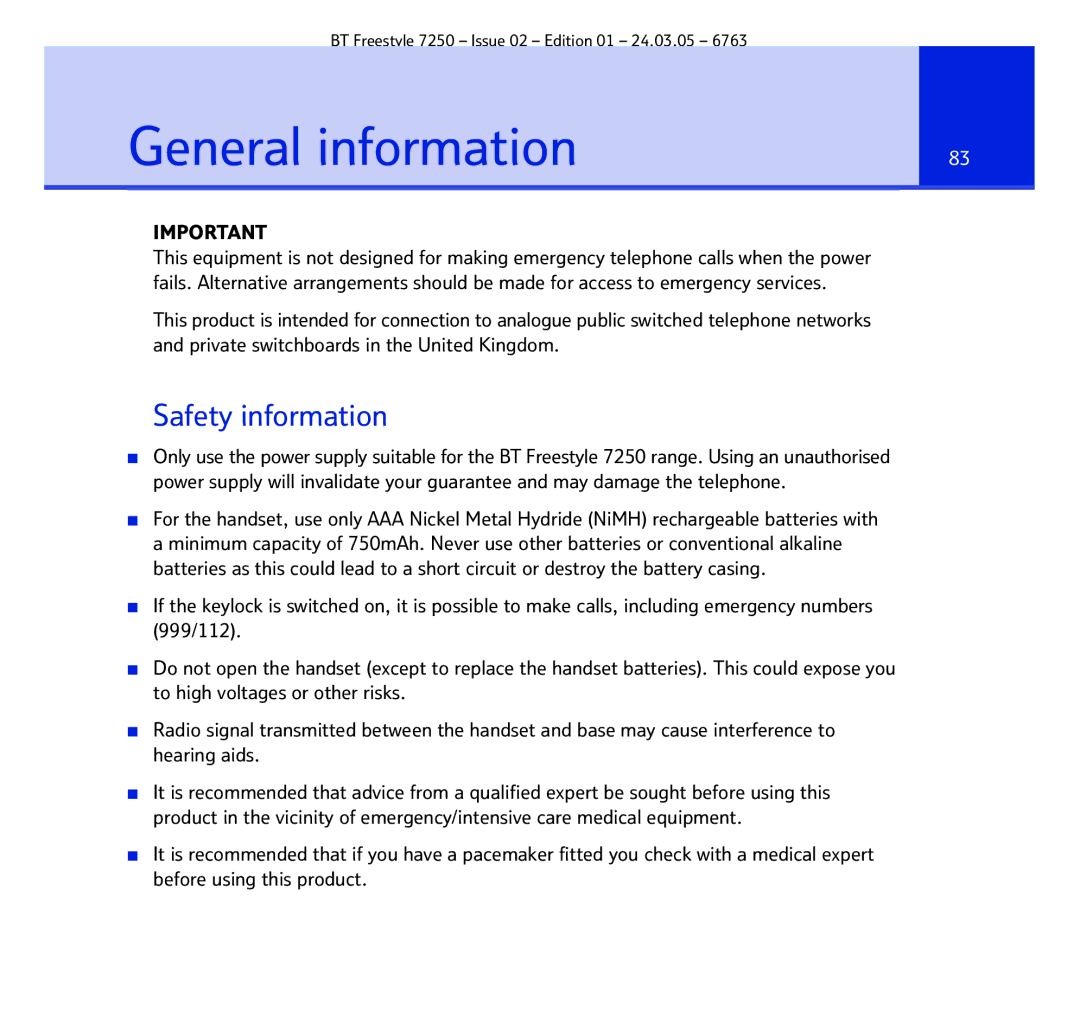 BT 7250 manual General information, Safety information 