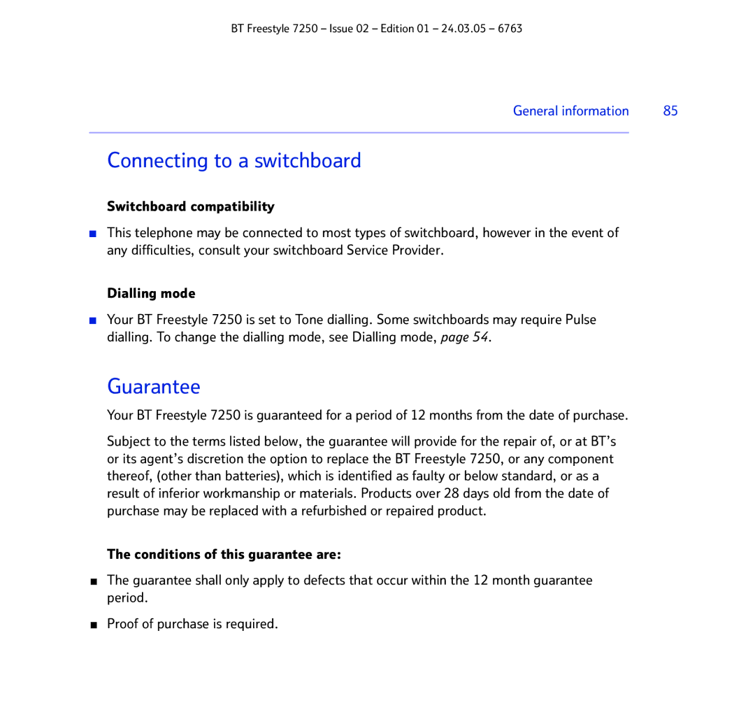 BT 7250 manual Connecting to a switchboard, Guarantee 