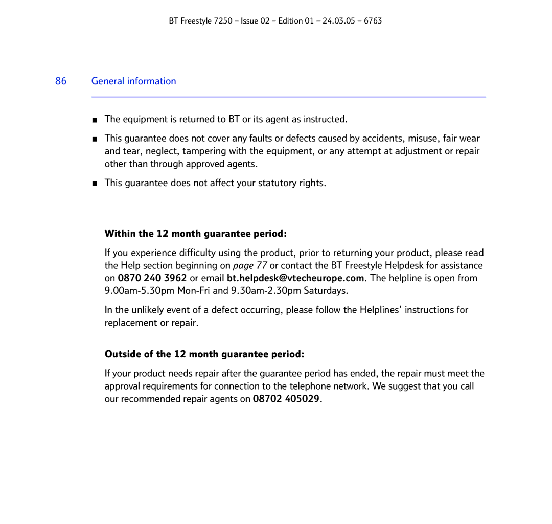 BT 7250 manual General information 