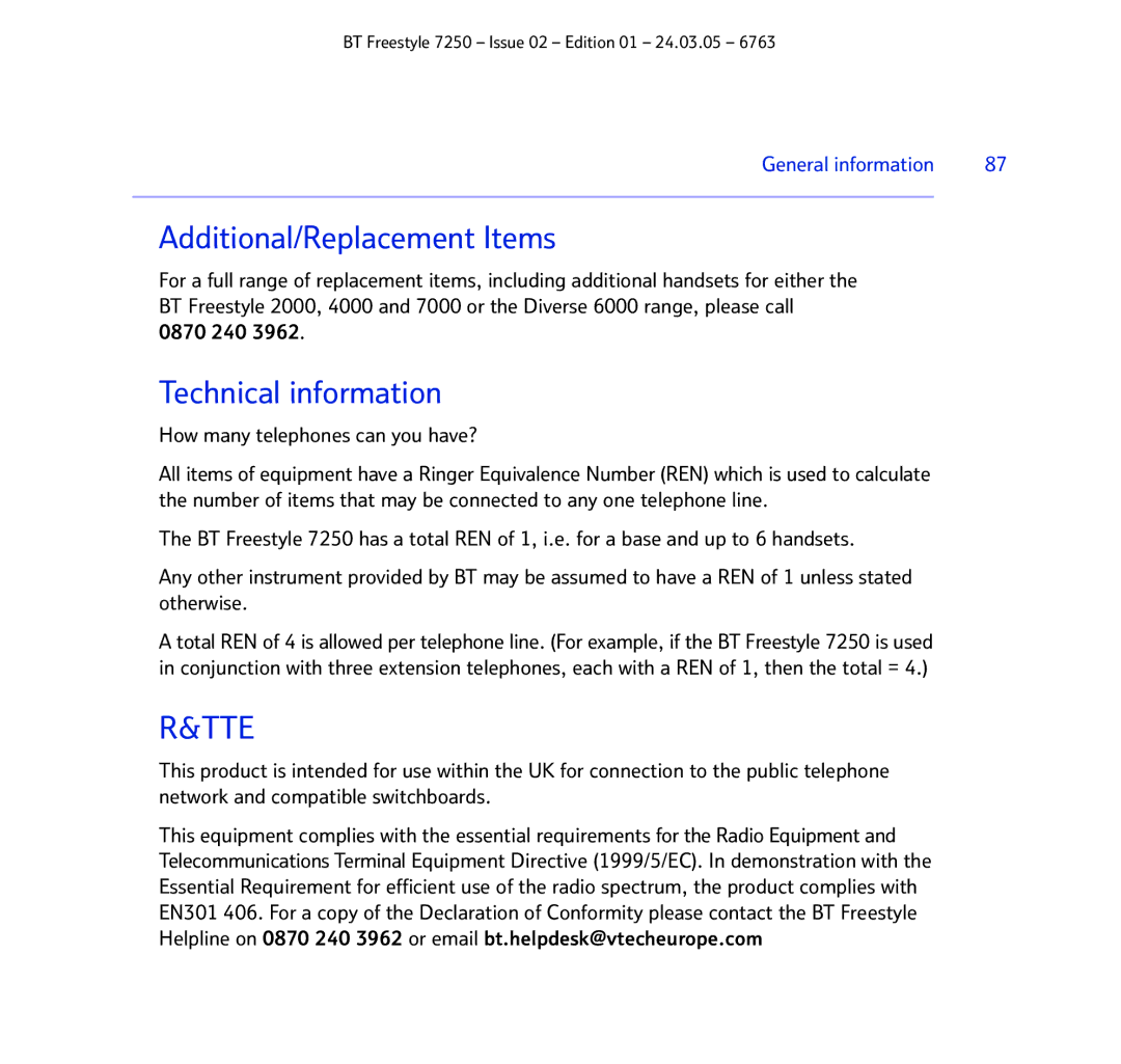 BT 7250 manual Additional/Replacement Items, Technical information 