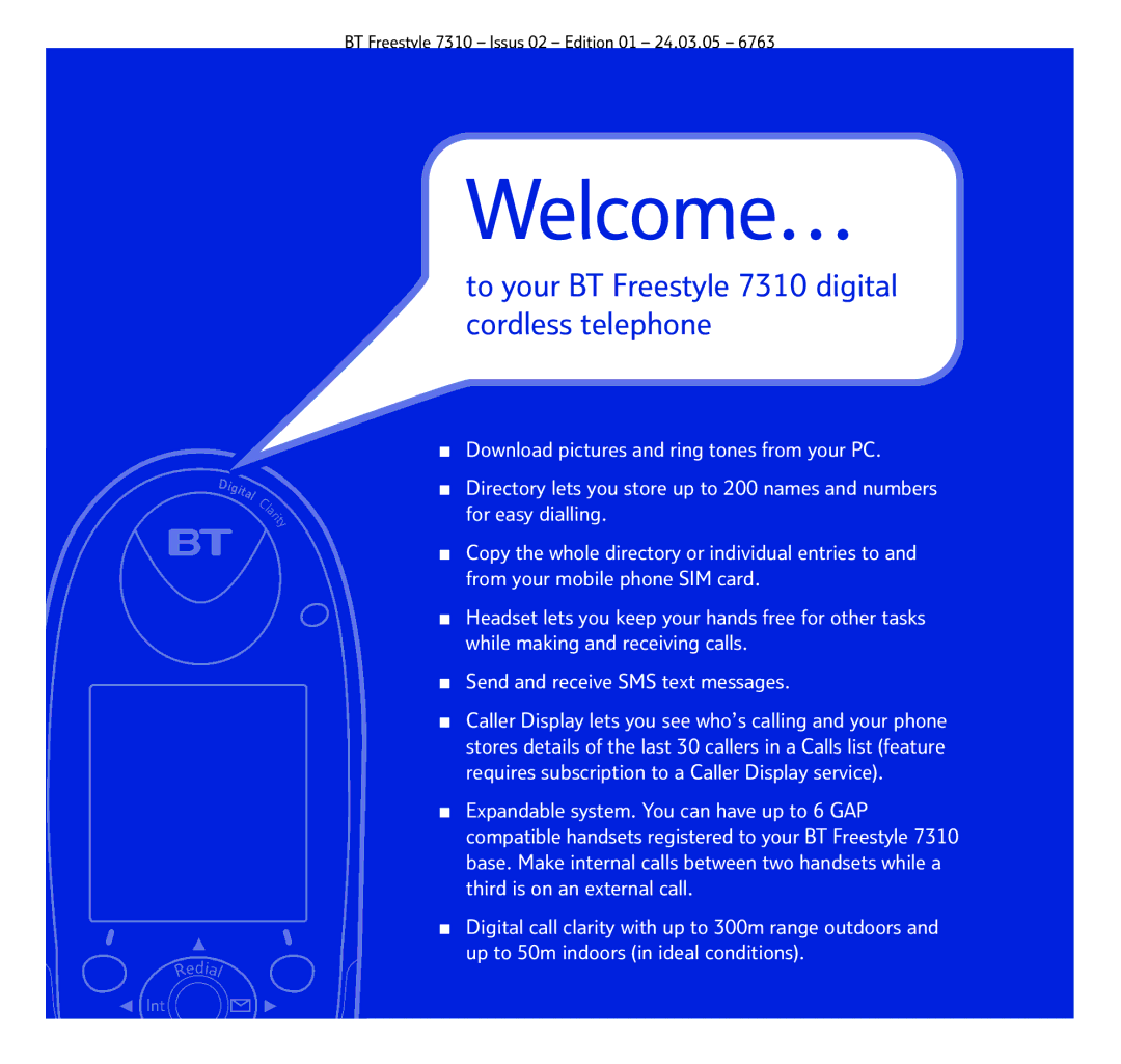 BT manual Welcome…, To your BT Freestyle 7310 digital cordless telephone 