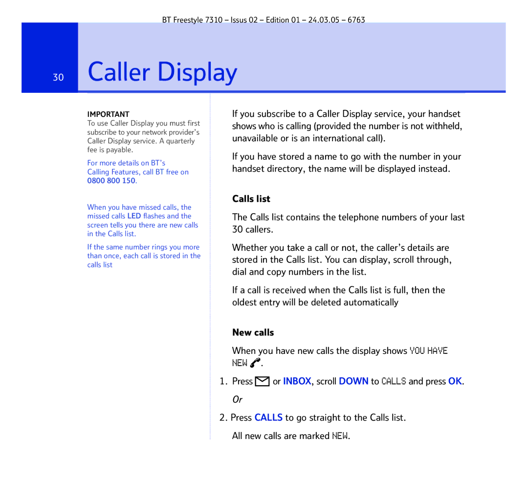 BT 7310 manual Caller Display 