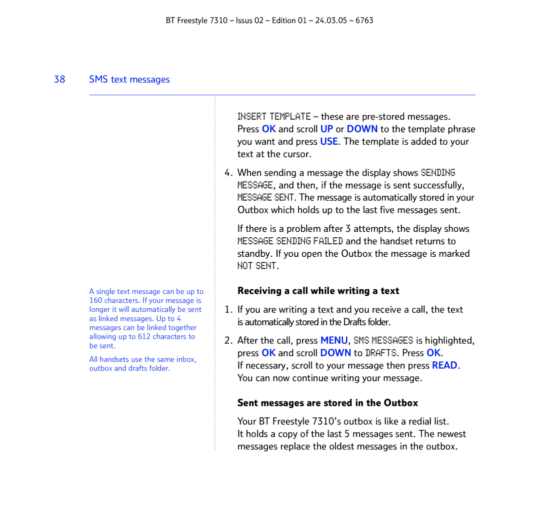 BT 7310 manual SMS text messages, Outbox which holds up to the last five messages sent 