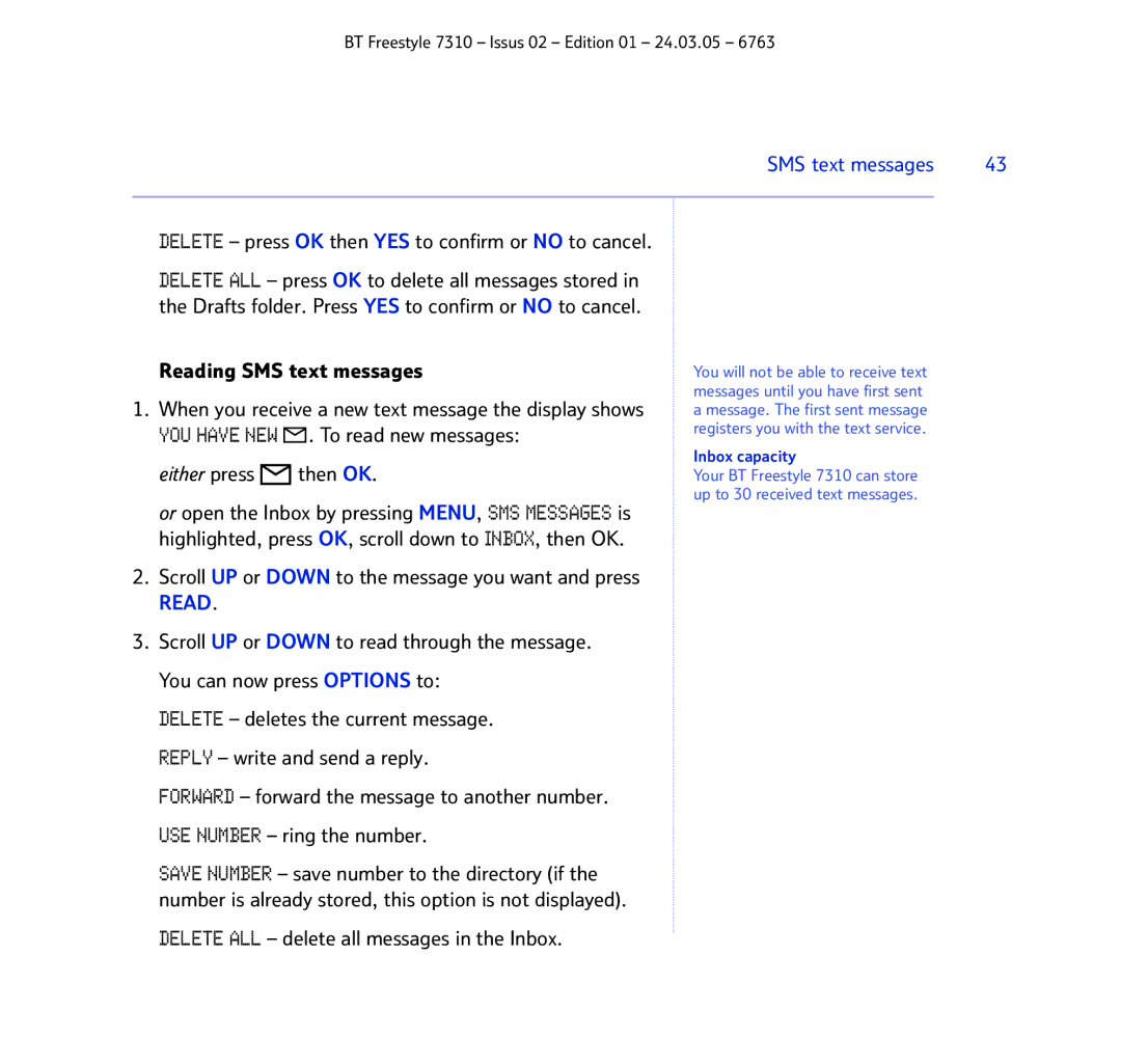 BT 7310 manual YOU have NEW . To read new messages, Either press then OK, Delete ALL delete all messages in the Inbox 