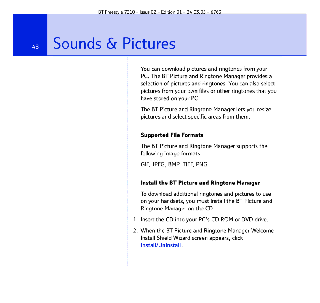 BT 7310 manual Sounds & Pictures, Gif, Jpeg, Bmp, Tiff, Png 