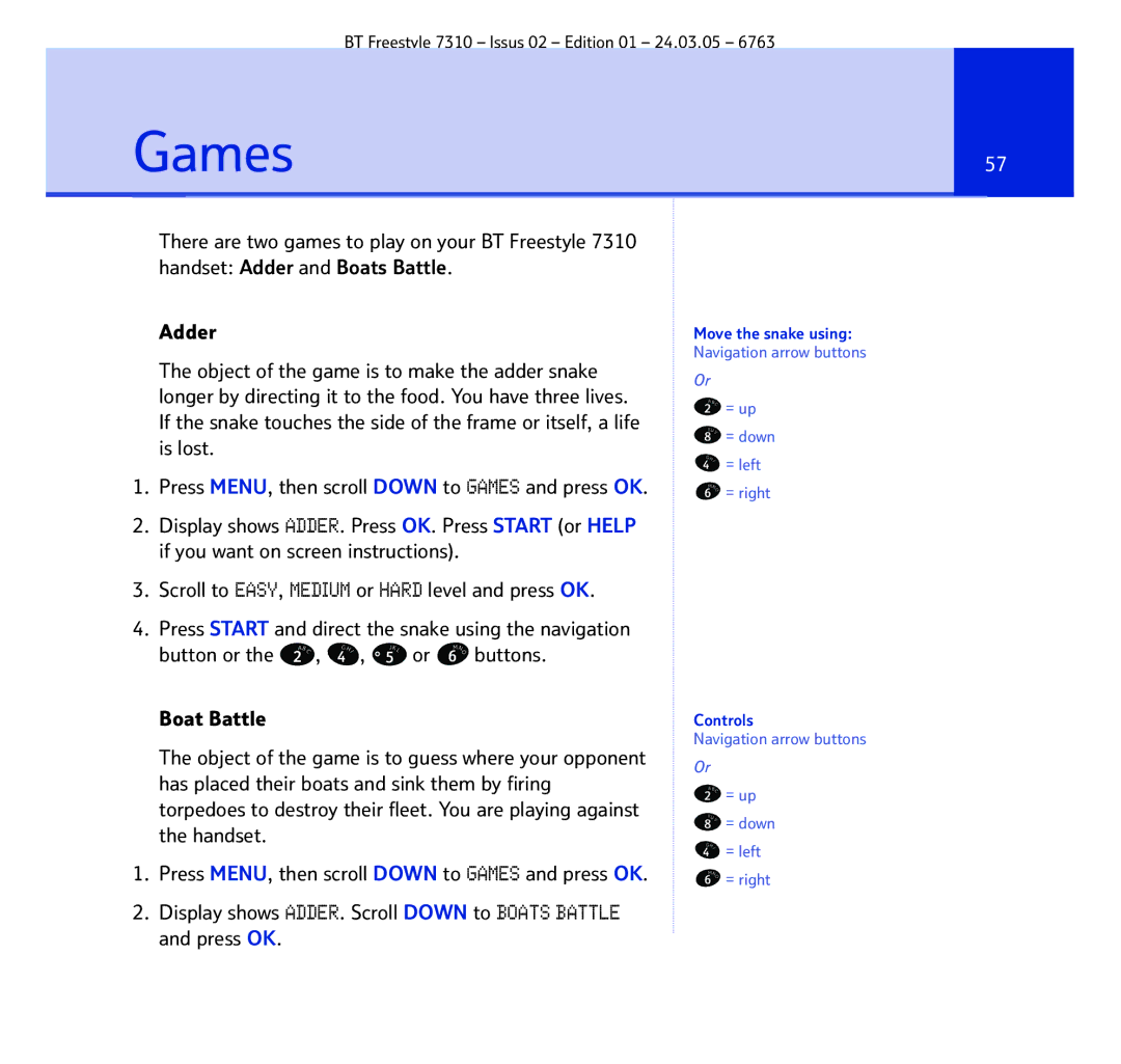 BT 7310 manual Games 