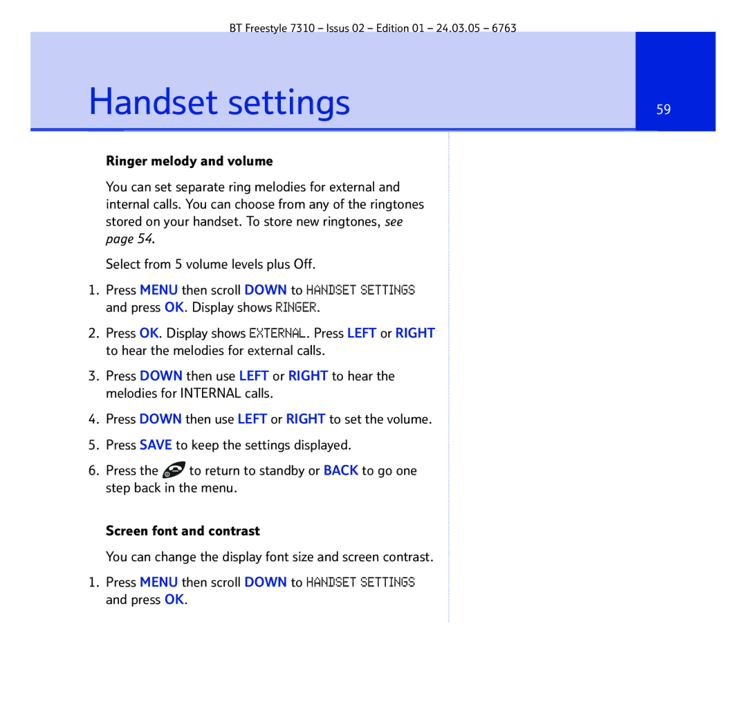 BT 7310 manual Handset settings, Ringer melody and volume, Select from 5 volume levels plus Off 