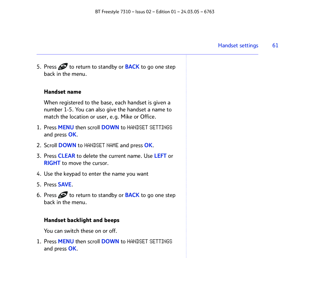 BT 7310 manual Handset settings 