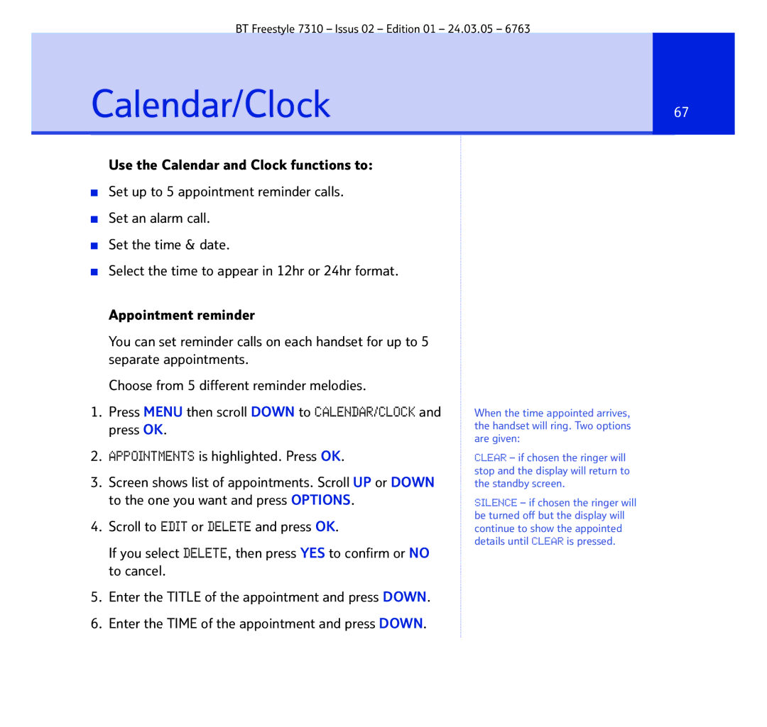 BT 7310 manual Calendar/Clock67 