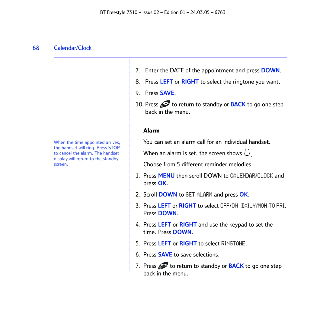 BT 7310 manual Calendar/Clock 