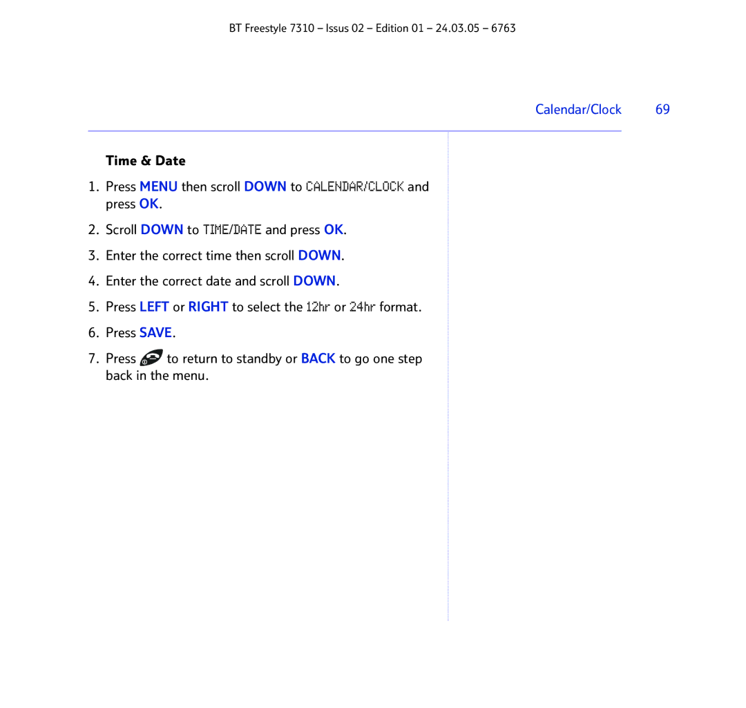 BT 7310 manual Calendar/Clock 