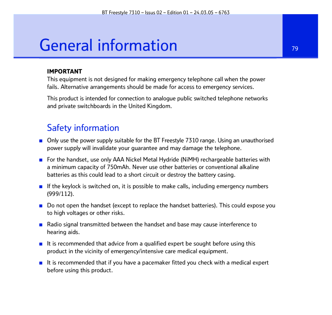 BT 7310 manual General information, Safety information 