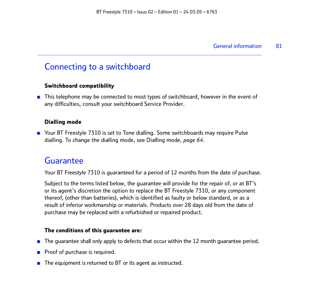 BT 7310 manual Connecting to a switchboard, Guarantee 