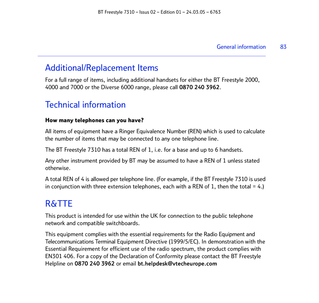 BT 7310 manual Additional/Replacement Items, Technical information 