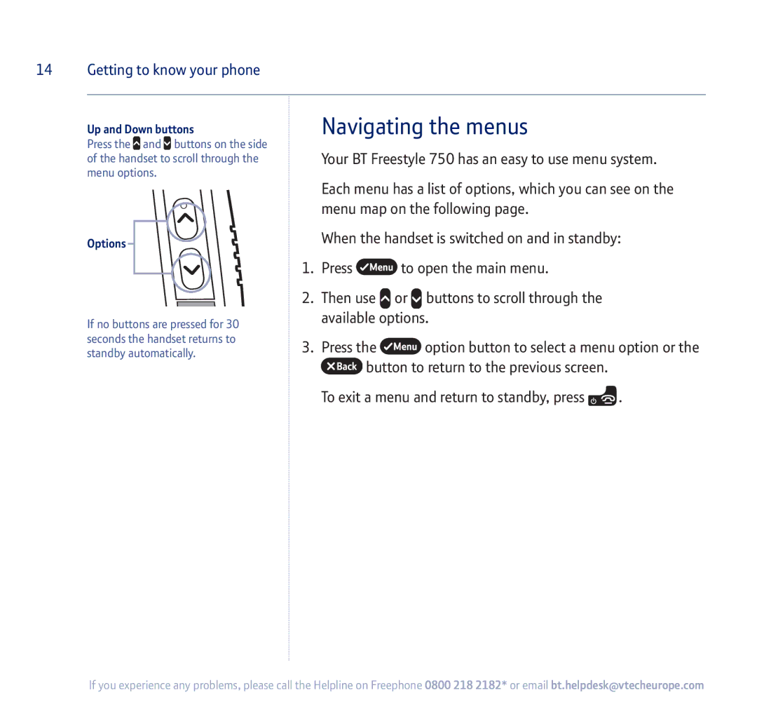 BT 750 manual Navigating the menus, Up and Down buttons, Options 