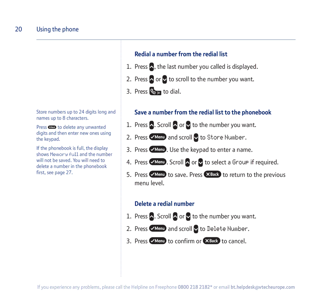 BT 750 Redial a number from the redial list, Save a number from the redial list to the phonebook, Delete a redial number 