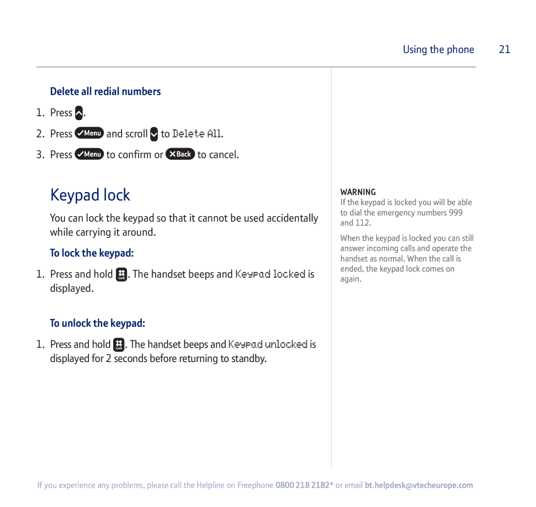 BT 750 manual Keypad lock, Delete all redial numbers, To lock the keypad, To unlock the keypad 