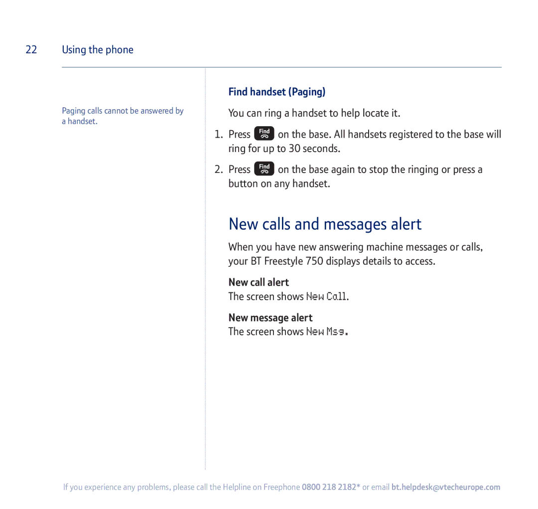 BT 750 manual New calls and messages alert, Find handset Paging 