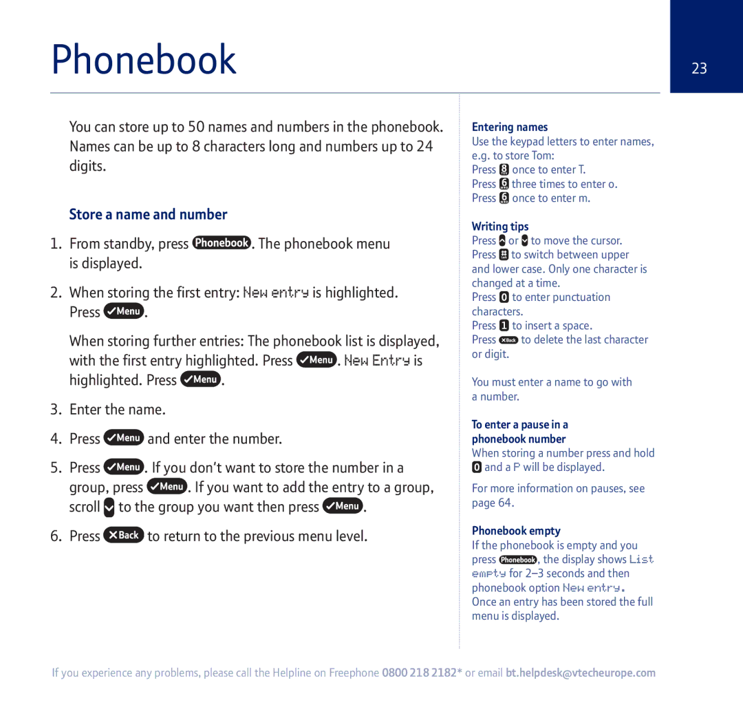 BT 750 manual Phonebook23, Store a name and number, Entering names, Writing tips, Phonebook empty 