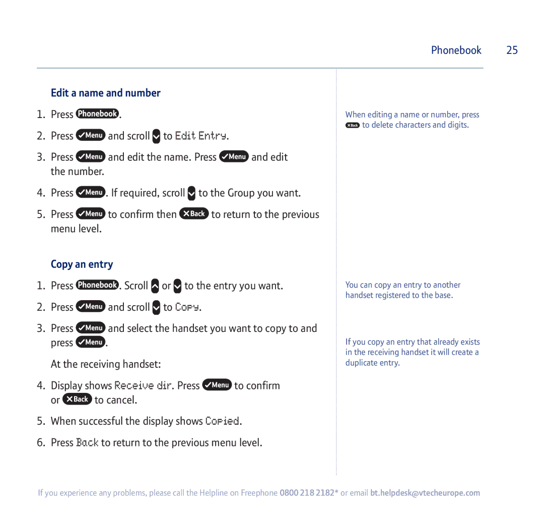 BT 750 manual Edit a name and number, Copy an entry 