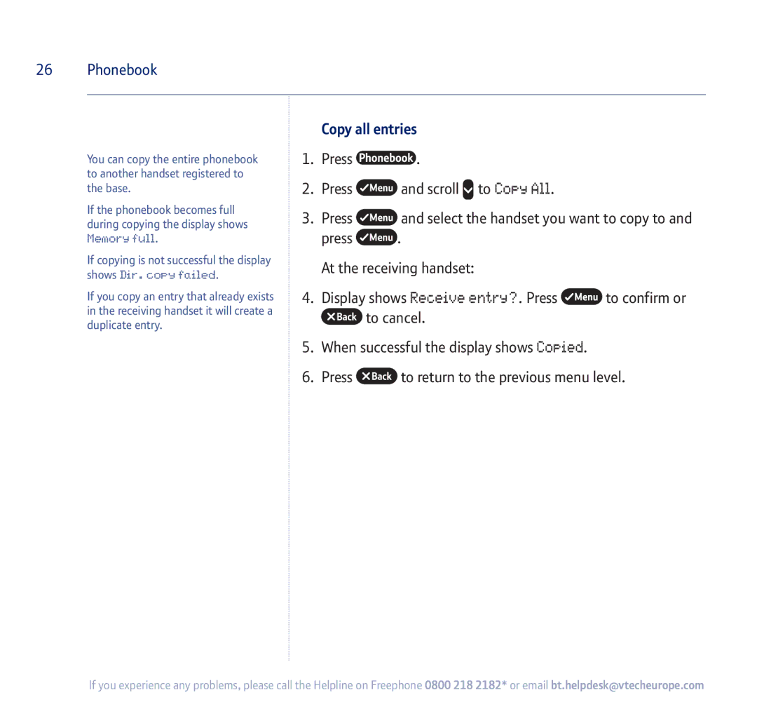 BT 750 manual Copy all entries, Memory full 