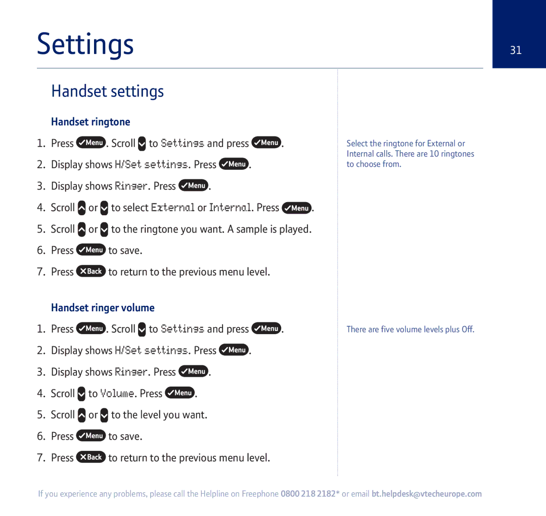 BT 750 manual Settings, Handset settings, Set settings, Handset ringtone, Handset ringer volume 