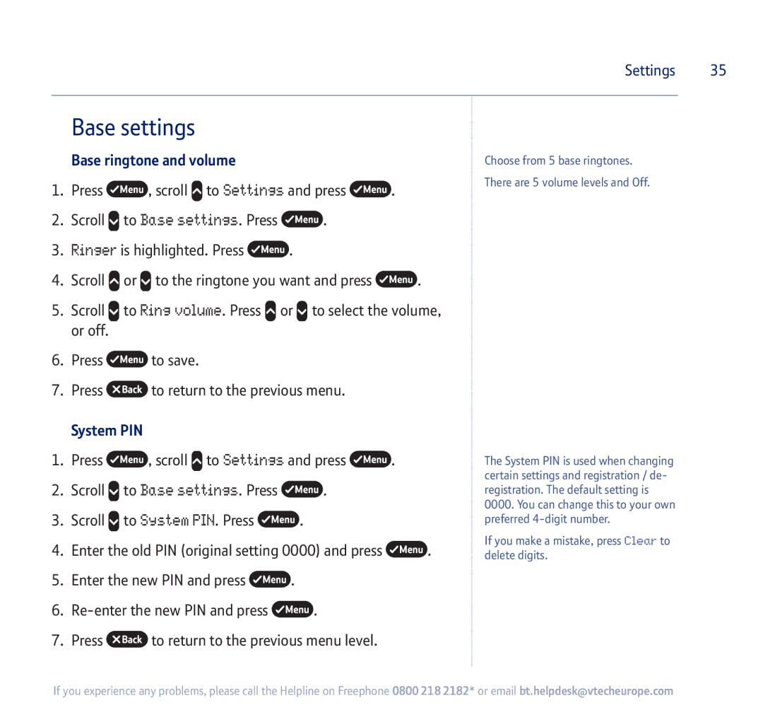 BT 750 manual Base settings, Base ringtone and volume, System PIN 