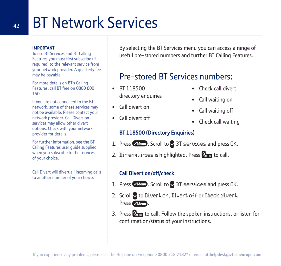 BT 750 manual BT Network Services, Pre-stored BT Services numbers, Scroll to Divert on, Divert off or Check divert 