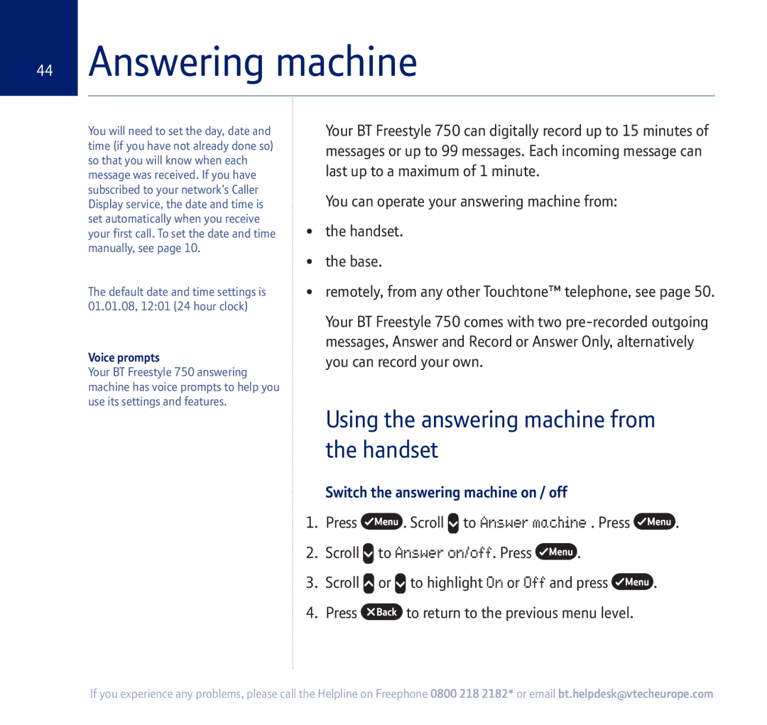 BT 750 manual Answering machine, Using the answering machine from the handset, Switch the answering machine on / off 