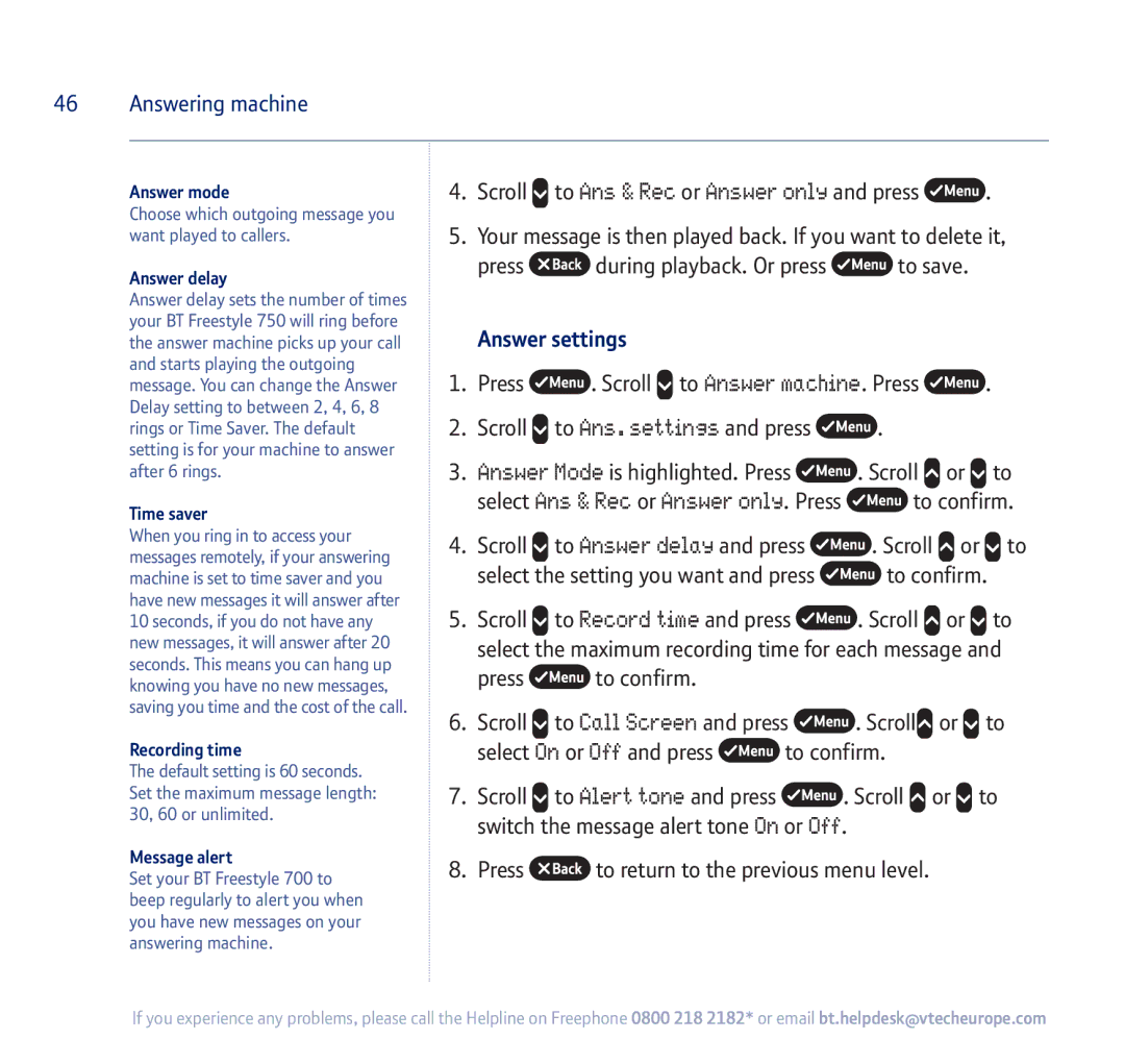 BT 750 manual Answer settings 