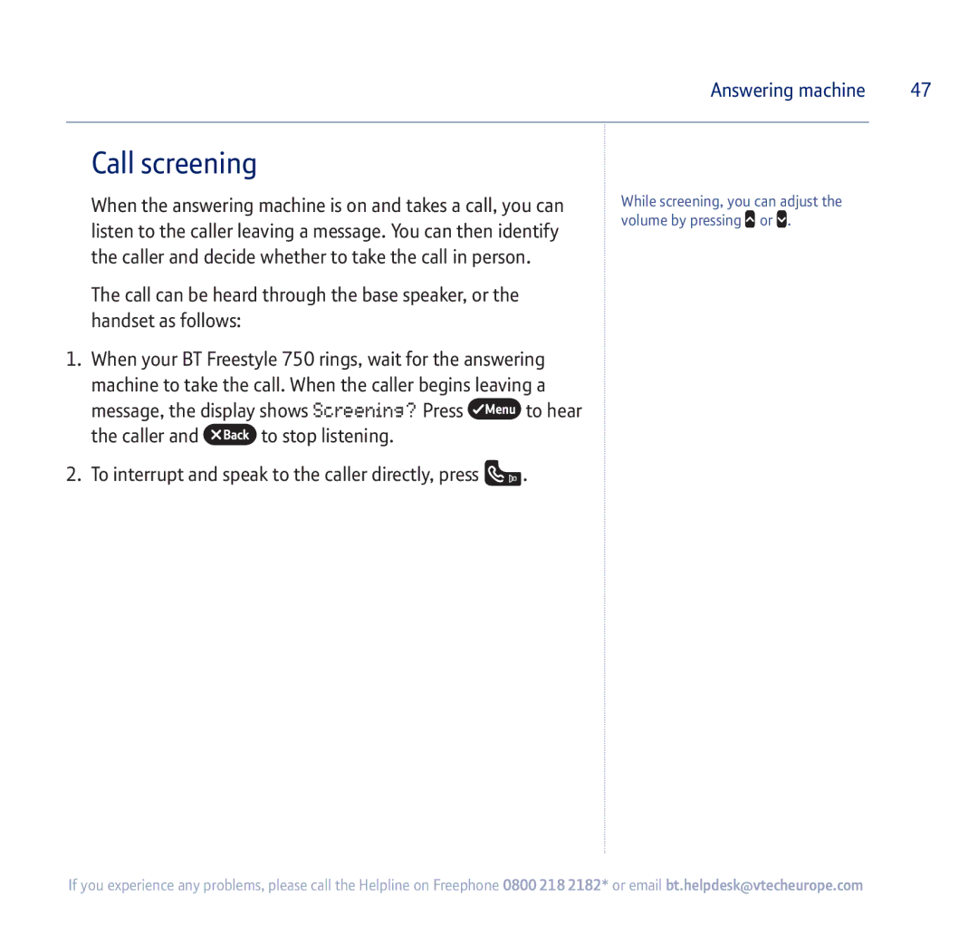 BT 750 manual Call screening 