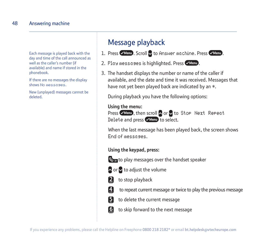 BT 750 manual Message playback, End of messages 