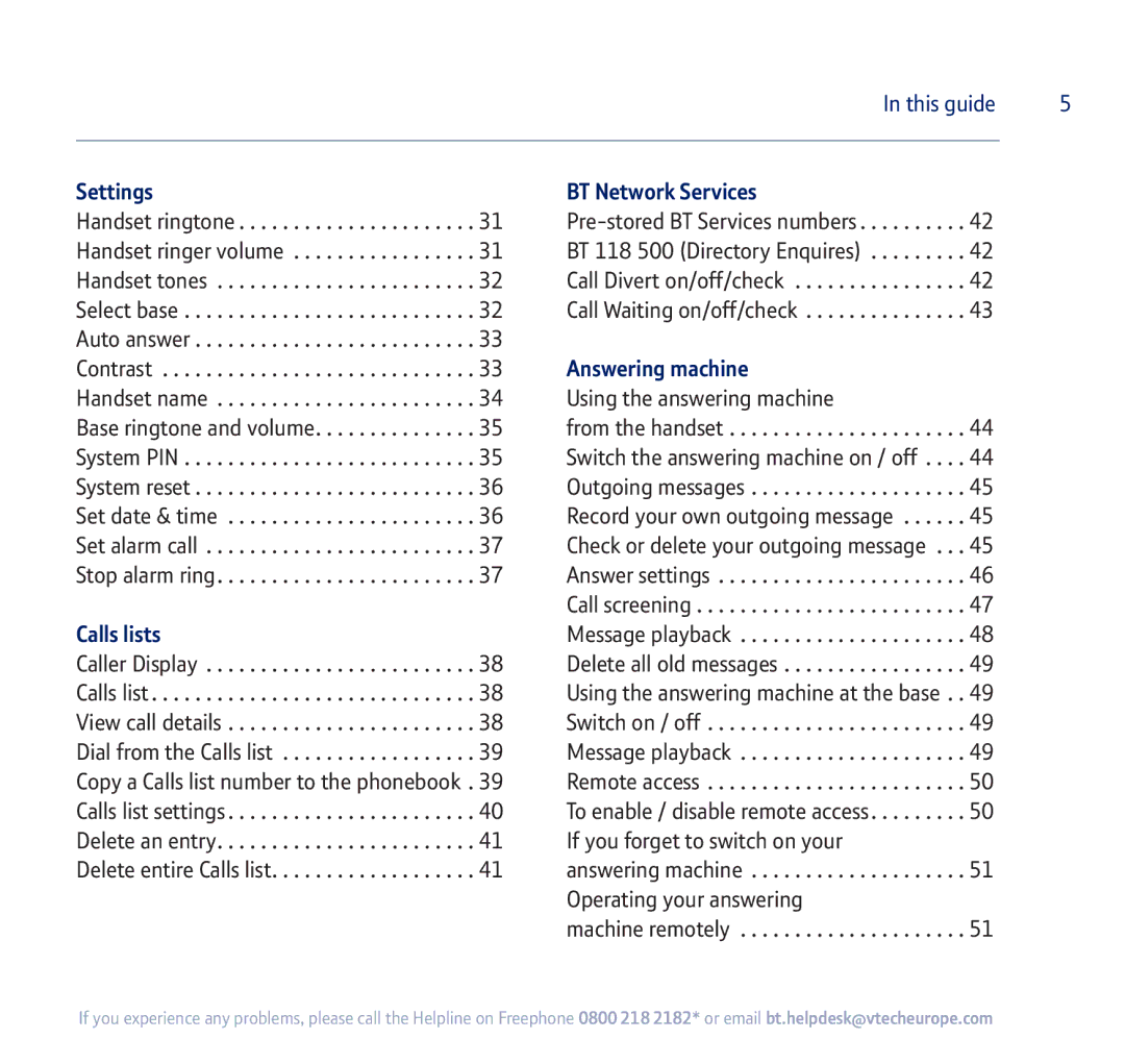 BT 750 manual Settings, Calls lists, BT Network Services, Answering machine 